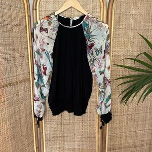 Anthropologie Black Botanical Long Sleeve Blouse